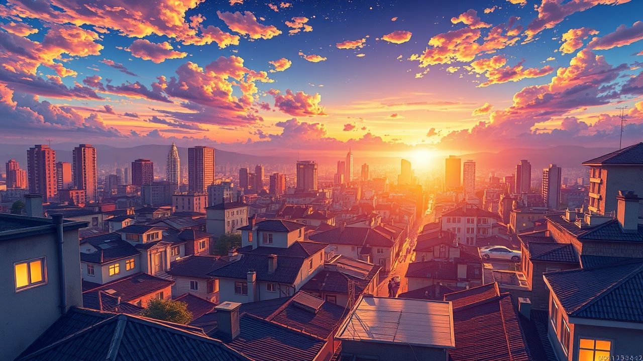 Infinite Anime Cityscape Hour in Golden Light