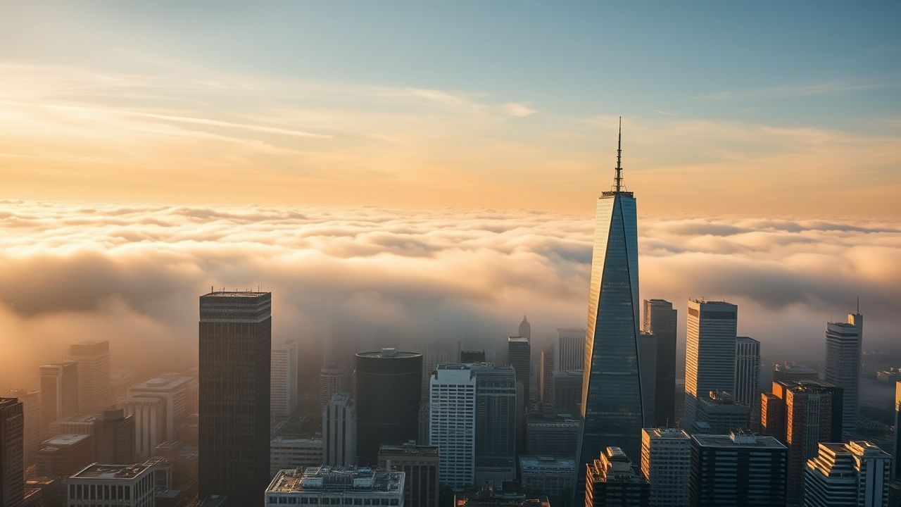 Majestic City Skyscrapers Emerging in the Mist