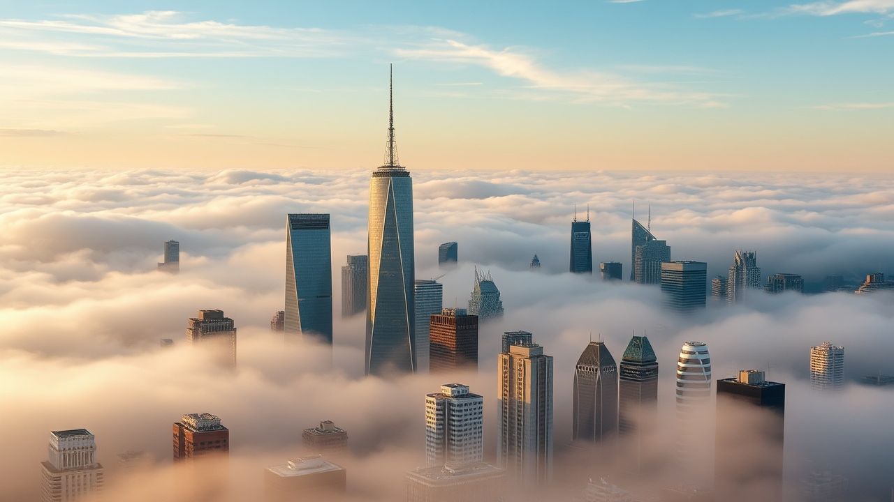 Stellar City Skyscrapers Emerging in the Mist