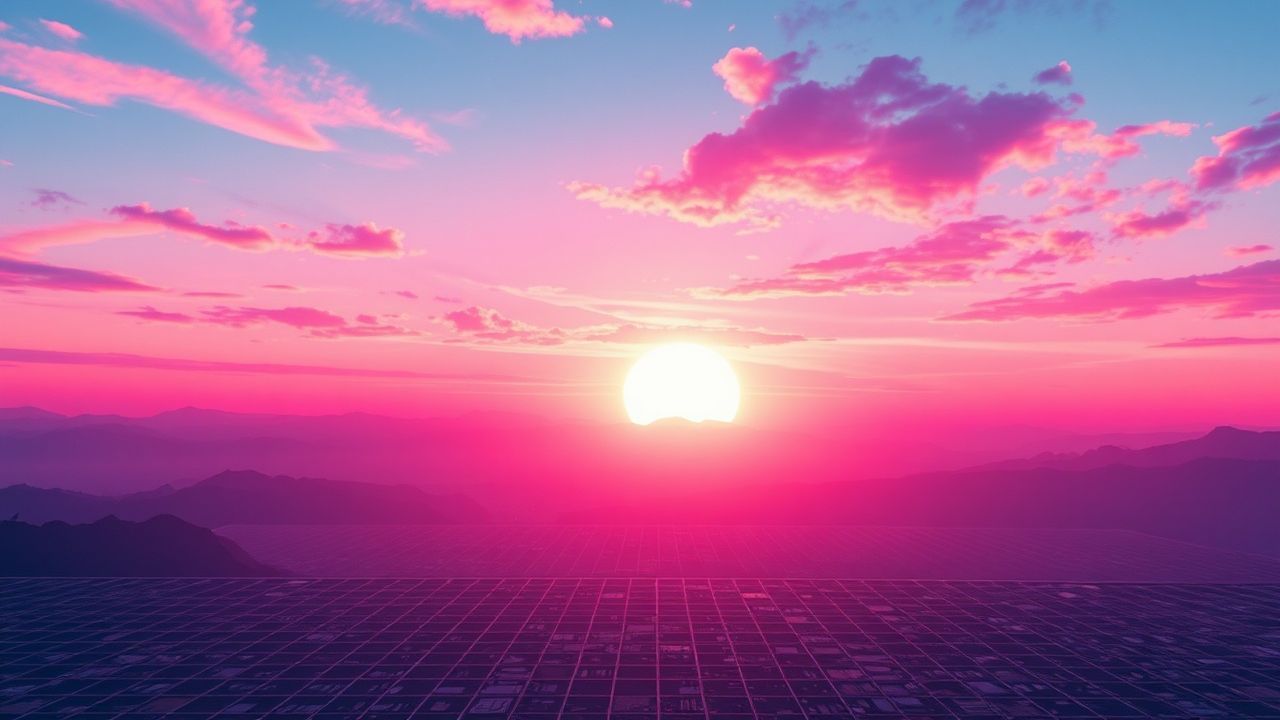 Ethereal Vaporwave Grid Mountains at Sunset