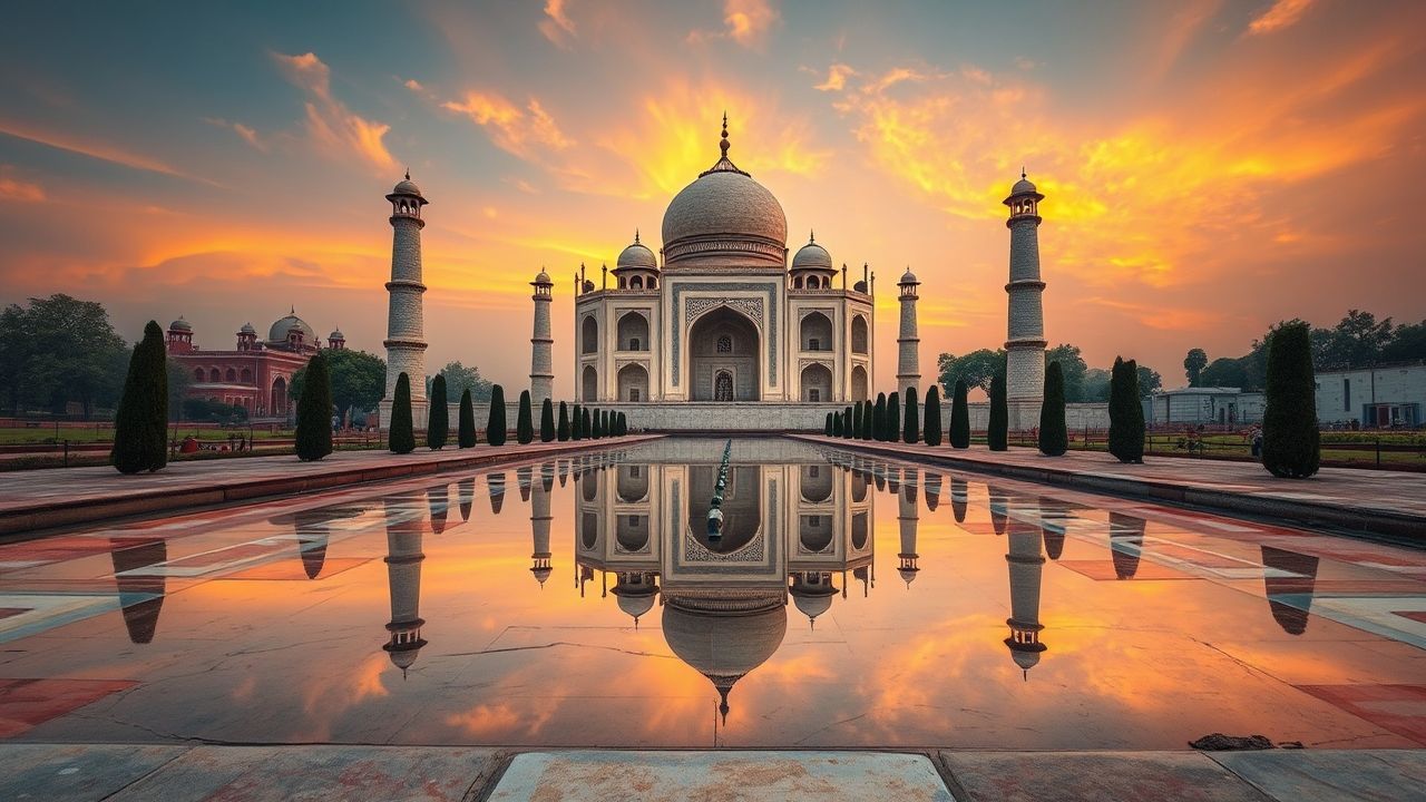 Lush Taj Mahal Symmetry at Sunrise