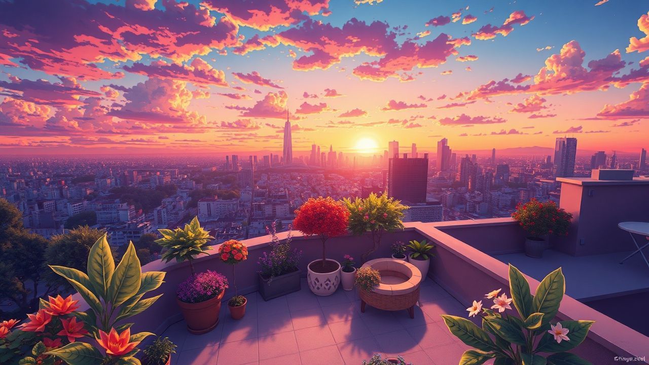 Dazzling Rooftop Garden City at Sunset