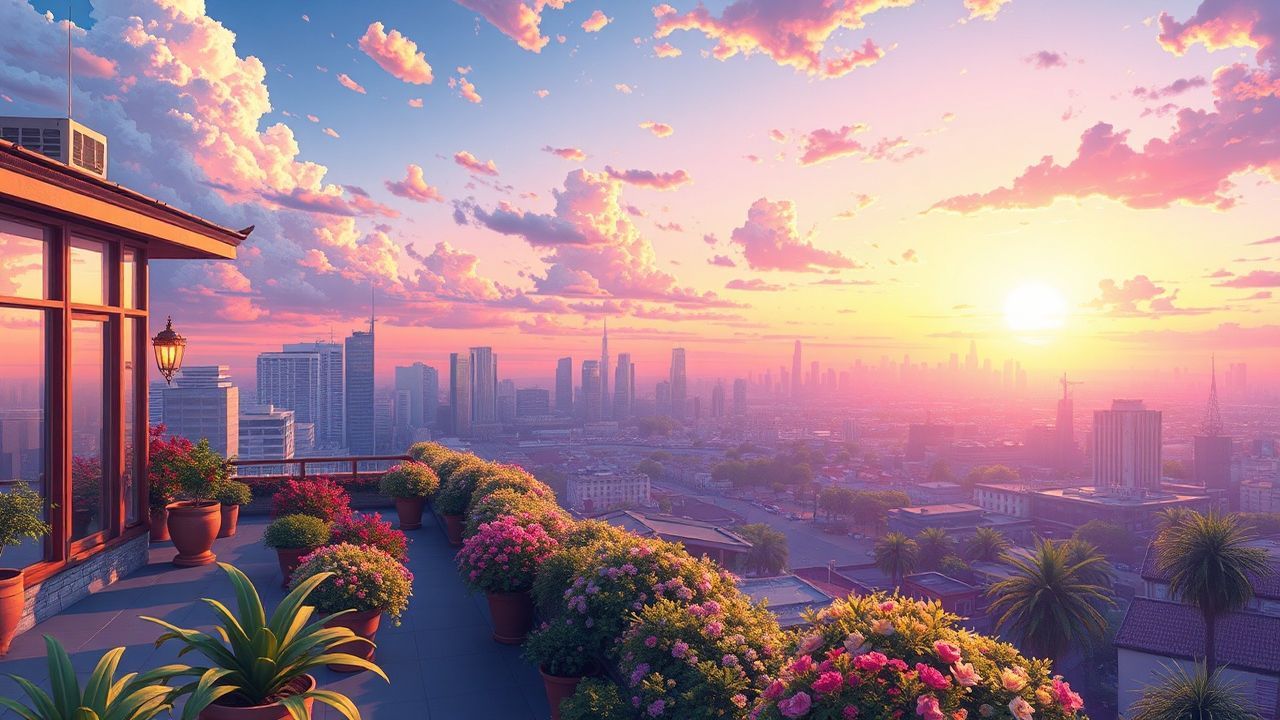 Ethereal Rooftop Garden City at Sunset