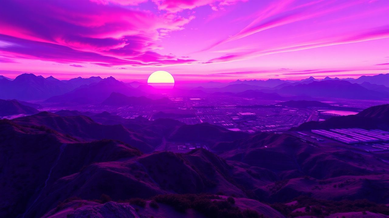 Fierce Vaporwave Grid Mountains at Sunset
