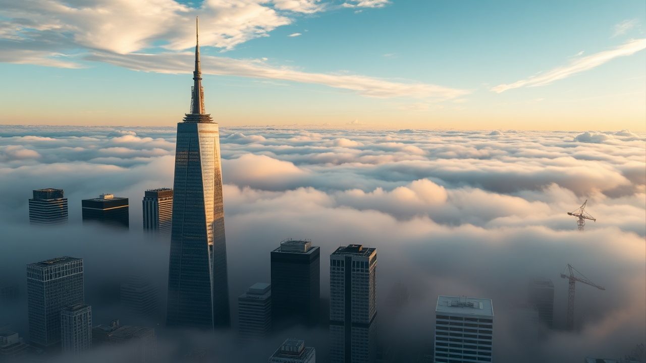 Immense City Skyscrapers Emerging in the Mist