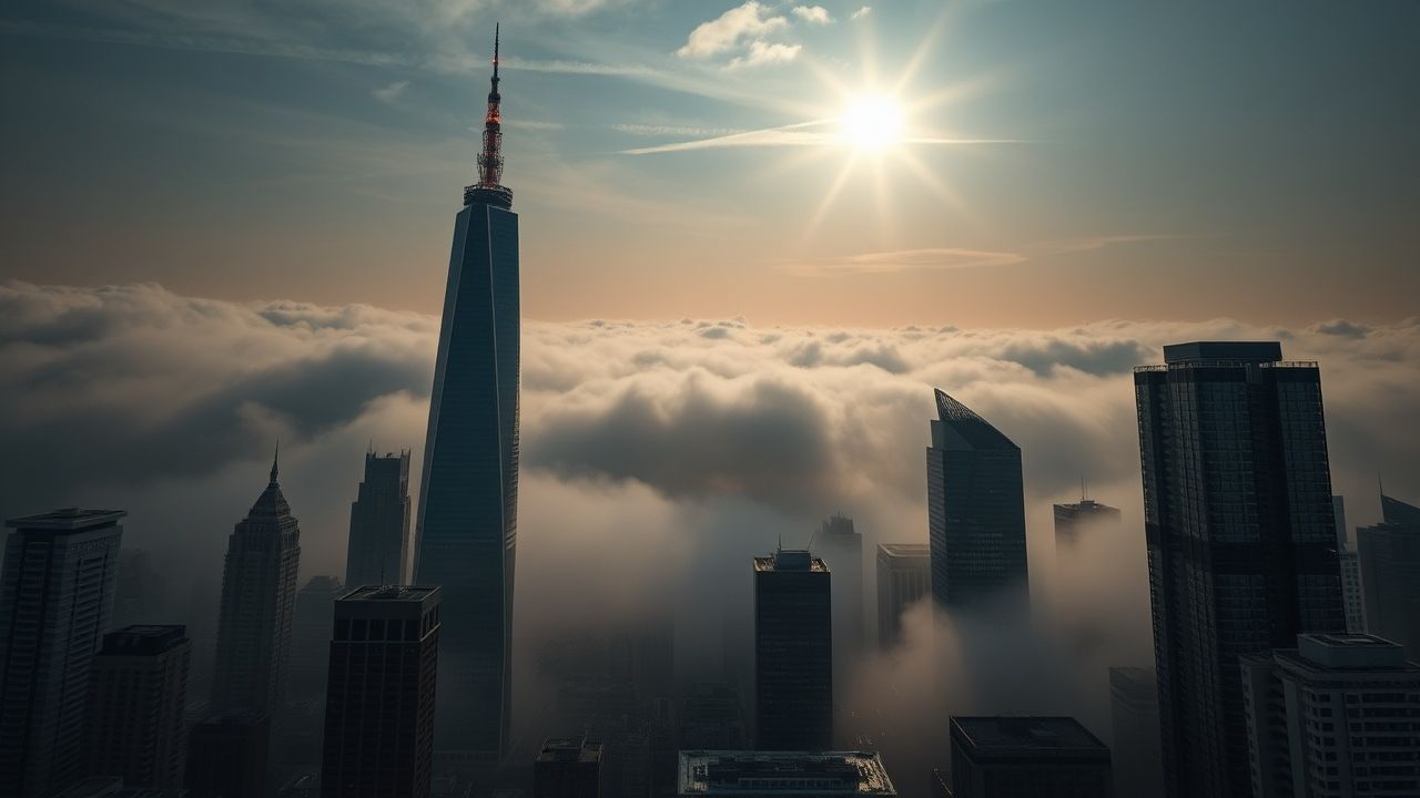 Lustrous City Skyscrapers Emerging in the Mist