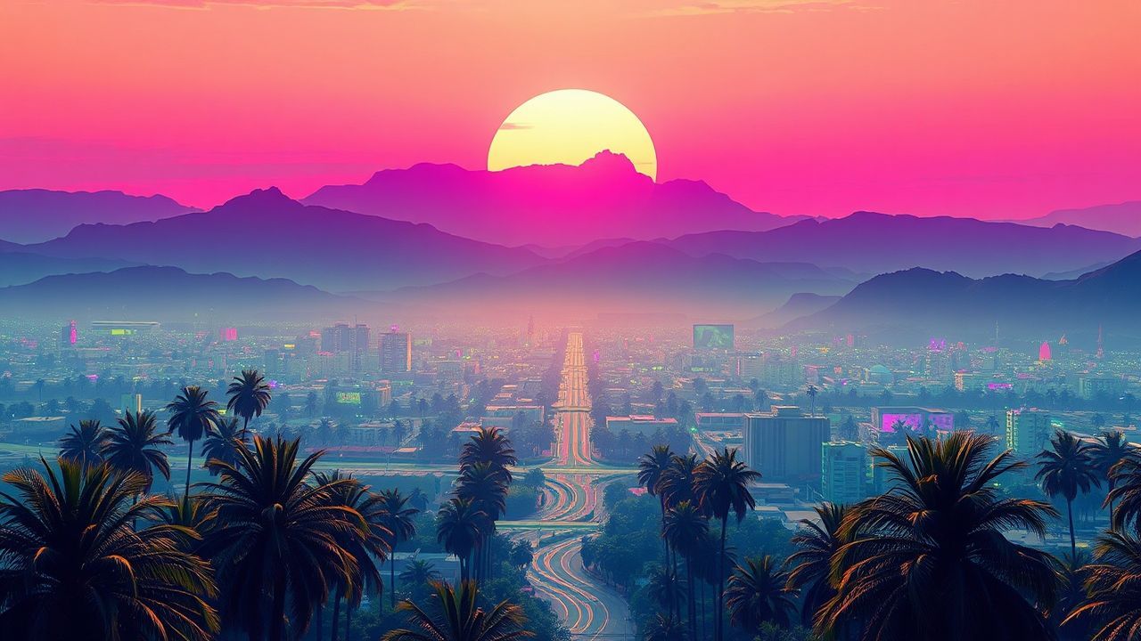 Awe-Inspiring Synthwave Grid Mountains at Sunset