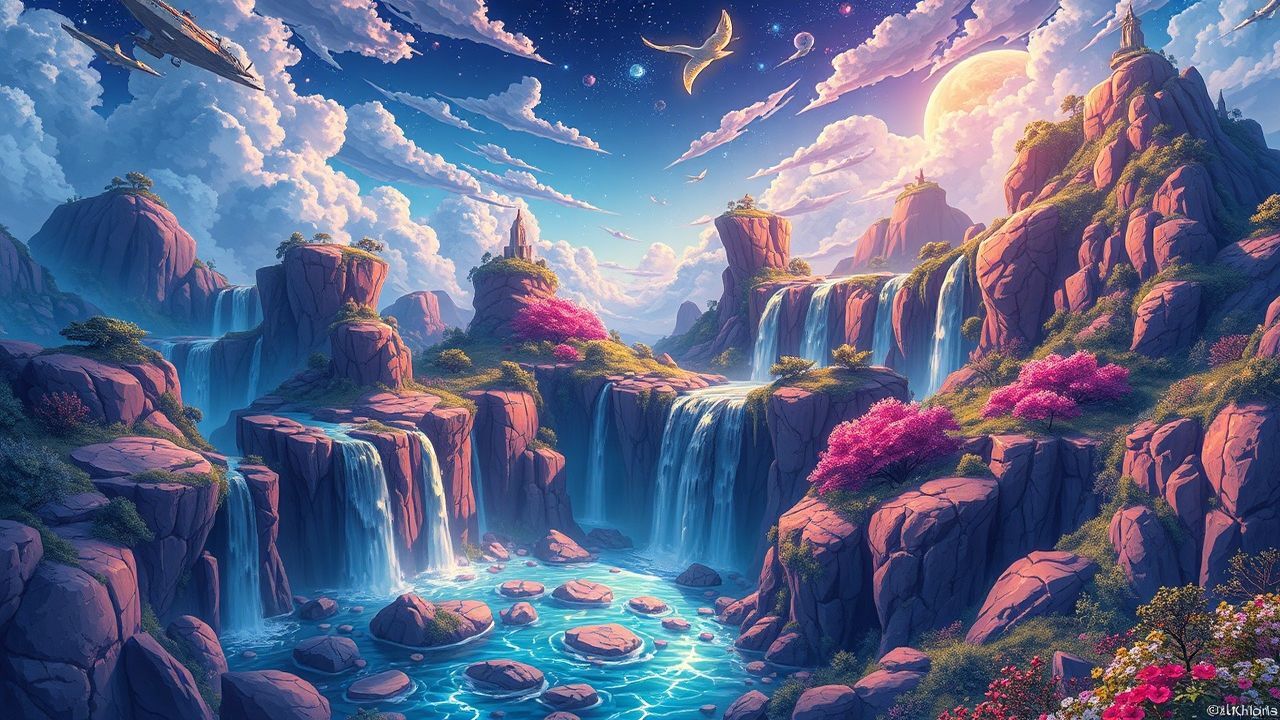 Lush Fantasy Landscape Floating Magic