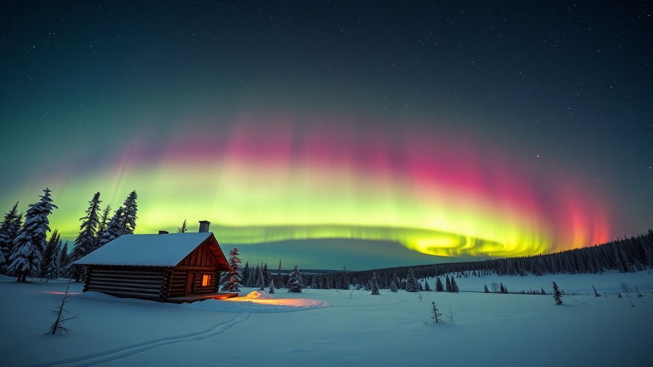 Delicate Northern Lights Cabin in Winter