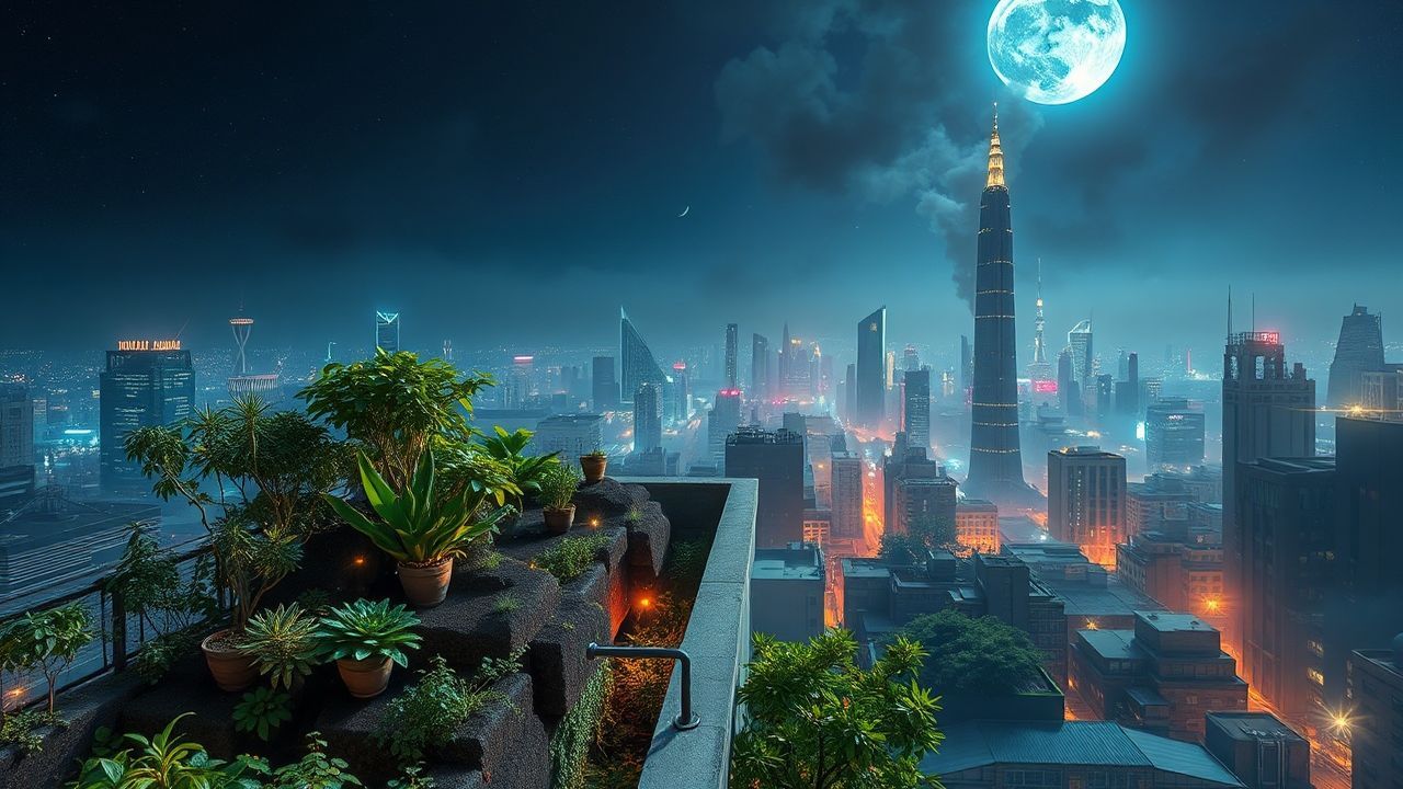 Vibrant Rooftop Garden Oasis by Night