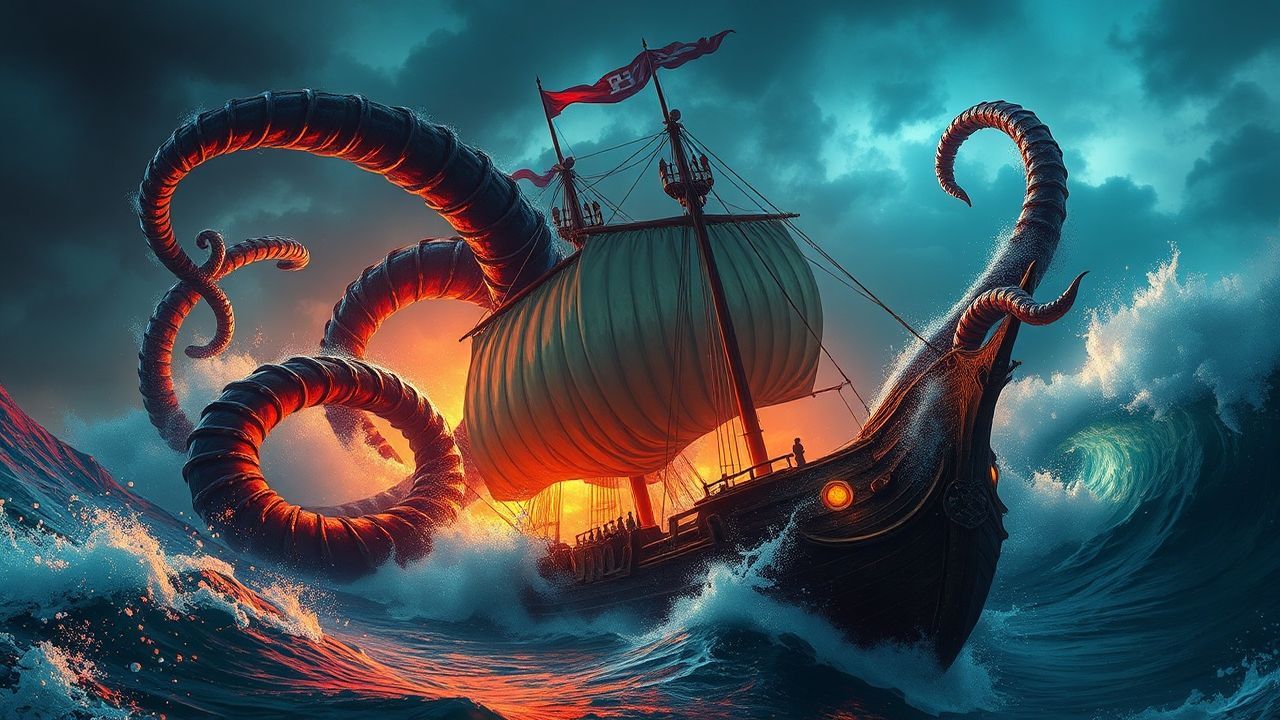 Enchanting Kraken Attacking Ship Storm