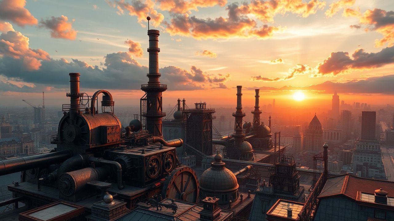 Extraordinary Steampunk City Brass at Sunset