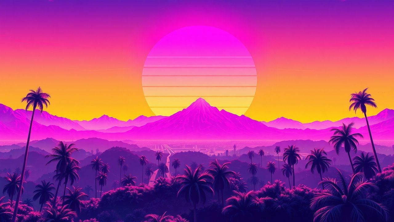 Majestic Synthwave Grid Mountains at Sunset
