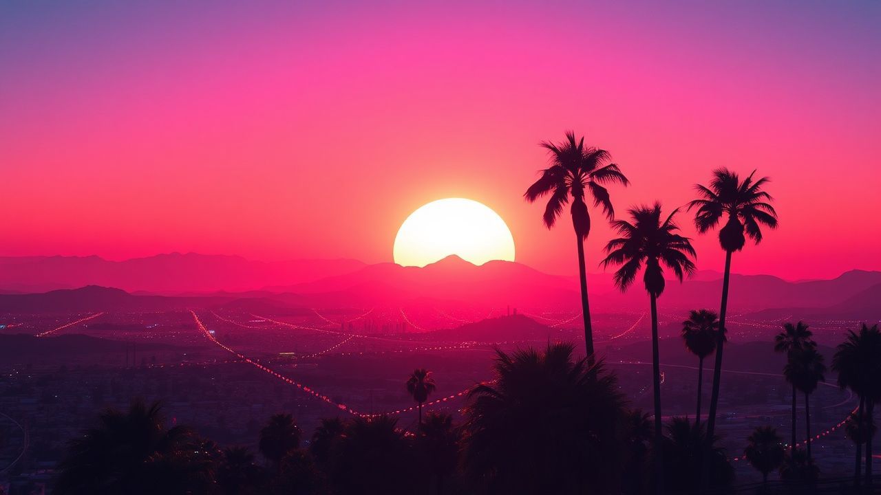 Mystical Synthwave Grid Mountains at Sunset
