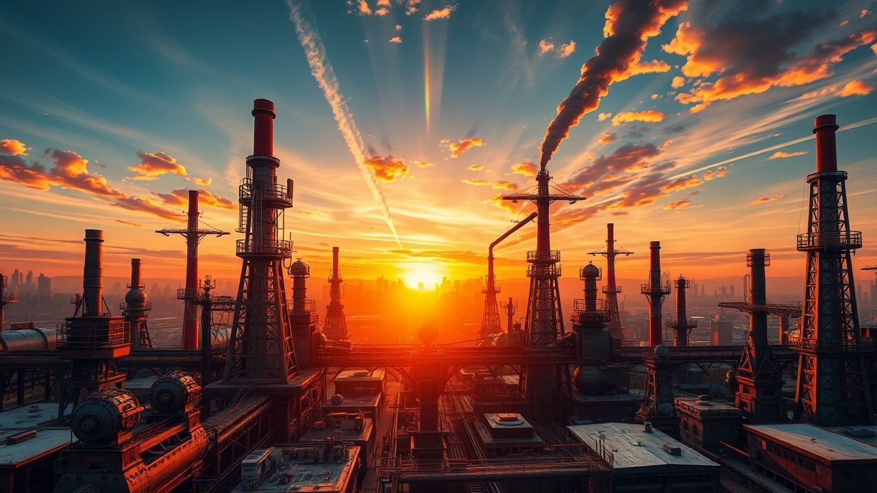 Tranquil Steampunk City Brass at Sunset