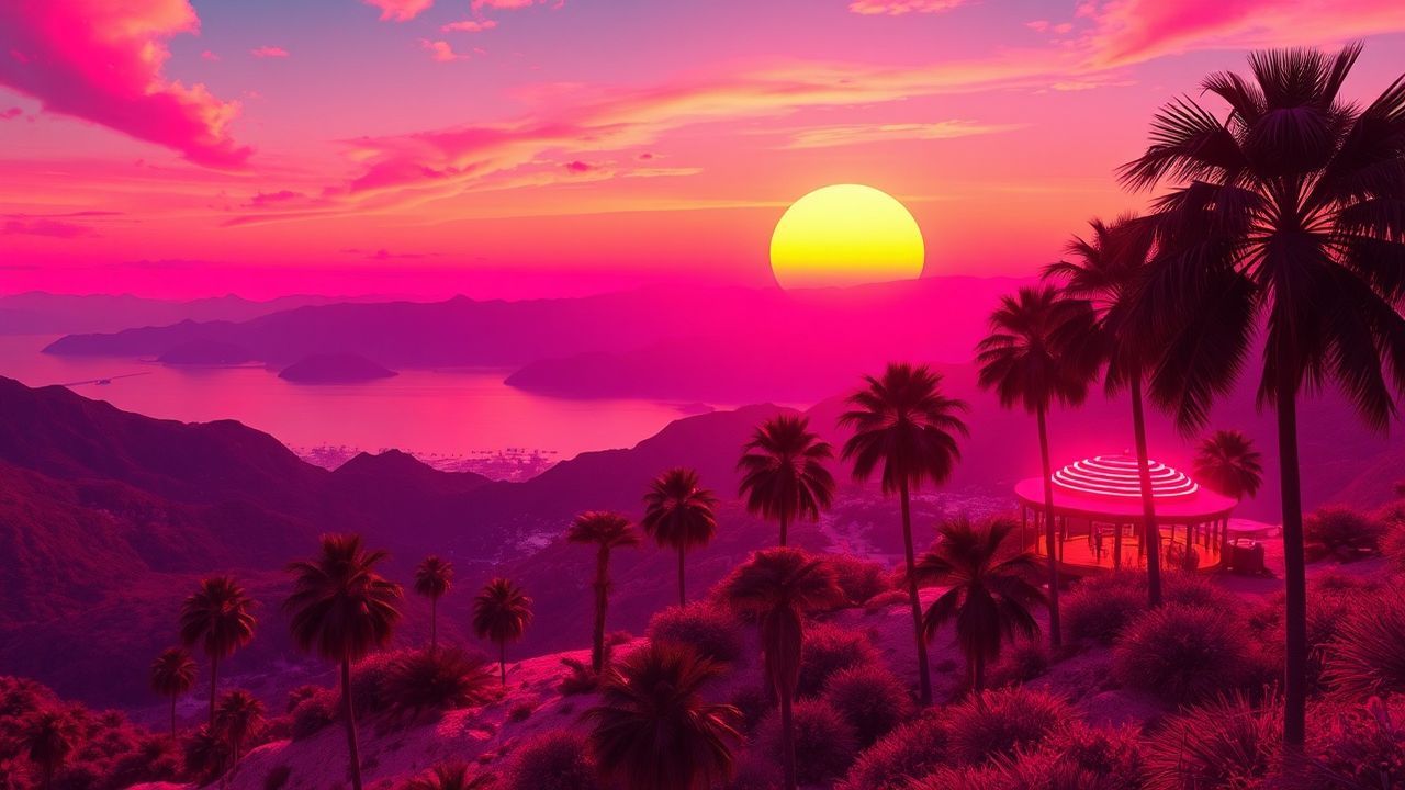 Resplendent Synthwave Grid Mountains at Sunset