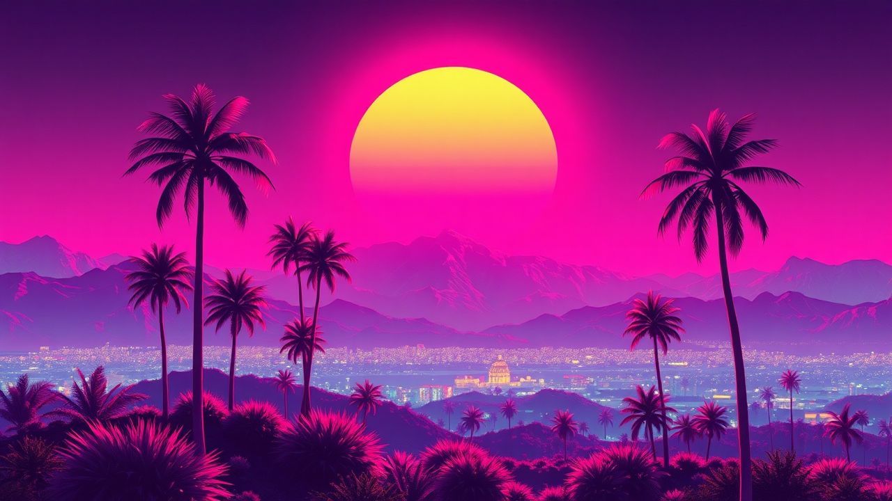 Shimmering Synthwave Grid Mountains at Sunset
