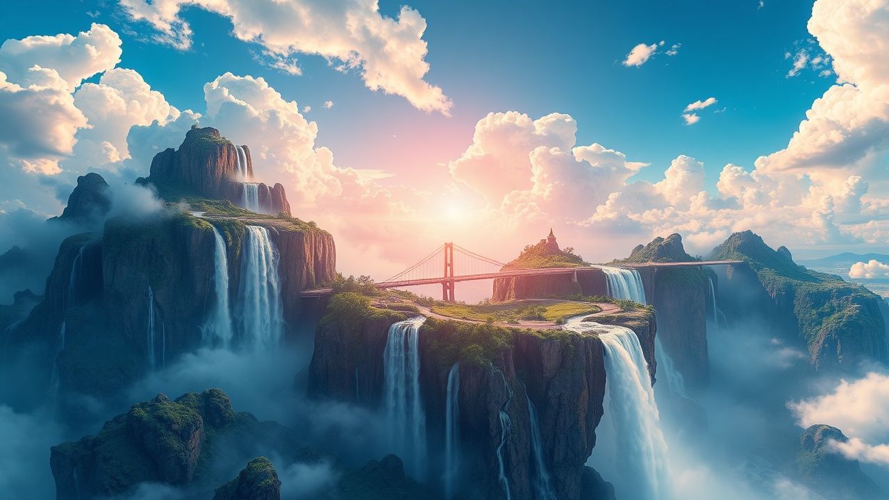 Dramatic Floating Islands Waterfalls Magic