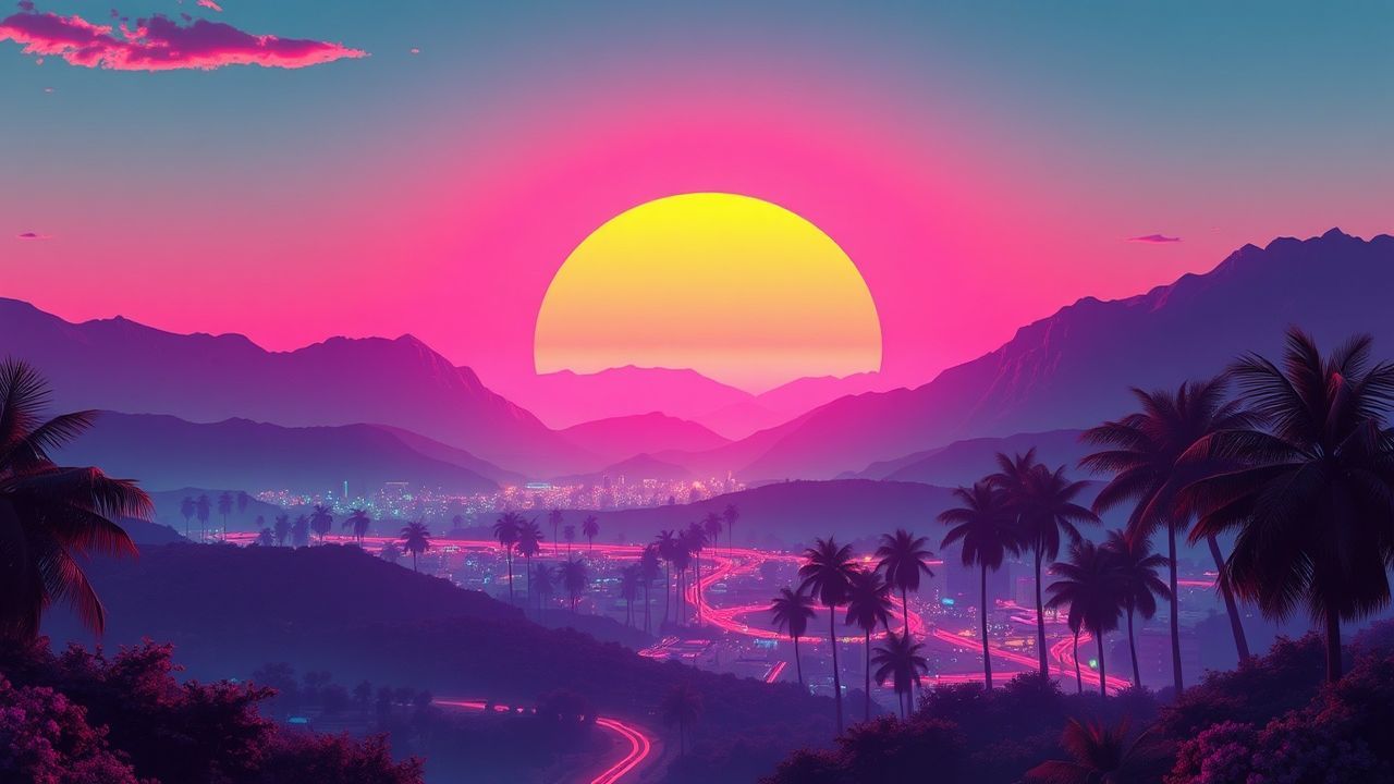 Cosmic Synthwave Grid Mountains at Sunset