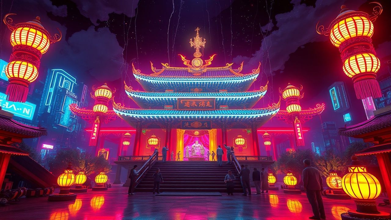 Synthetic Temple Shrine Traditional Neon Dreams