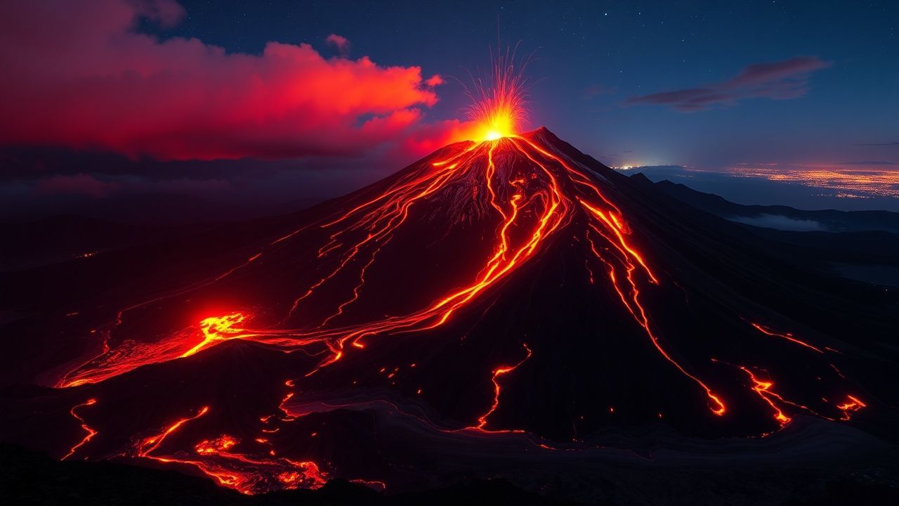 Majestic Volcanic Eruption Lava by Night