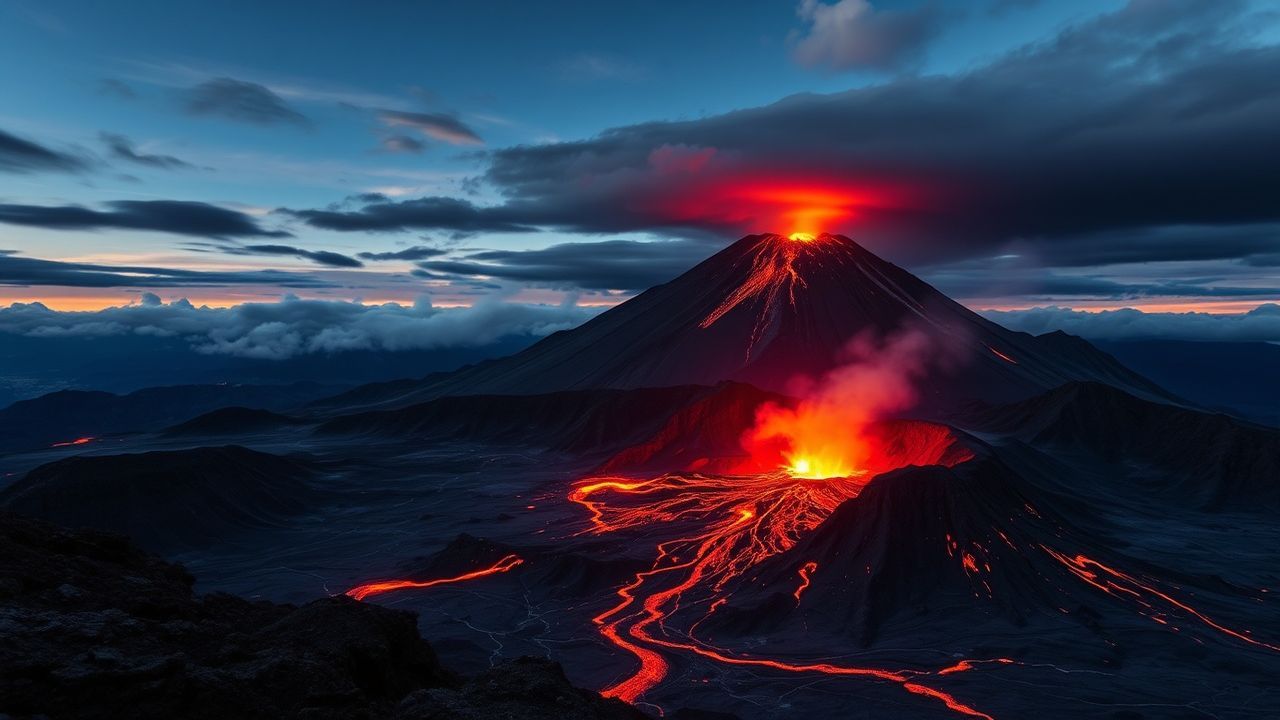 Shimmering Volcanic Eruption Lava by Night