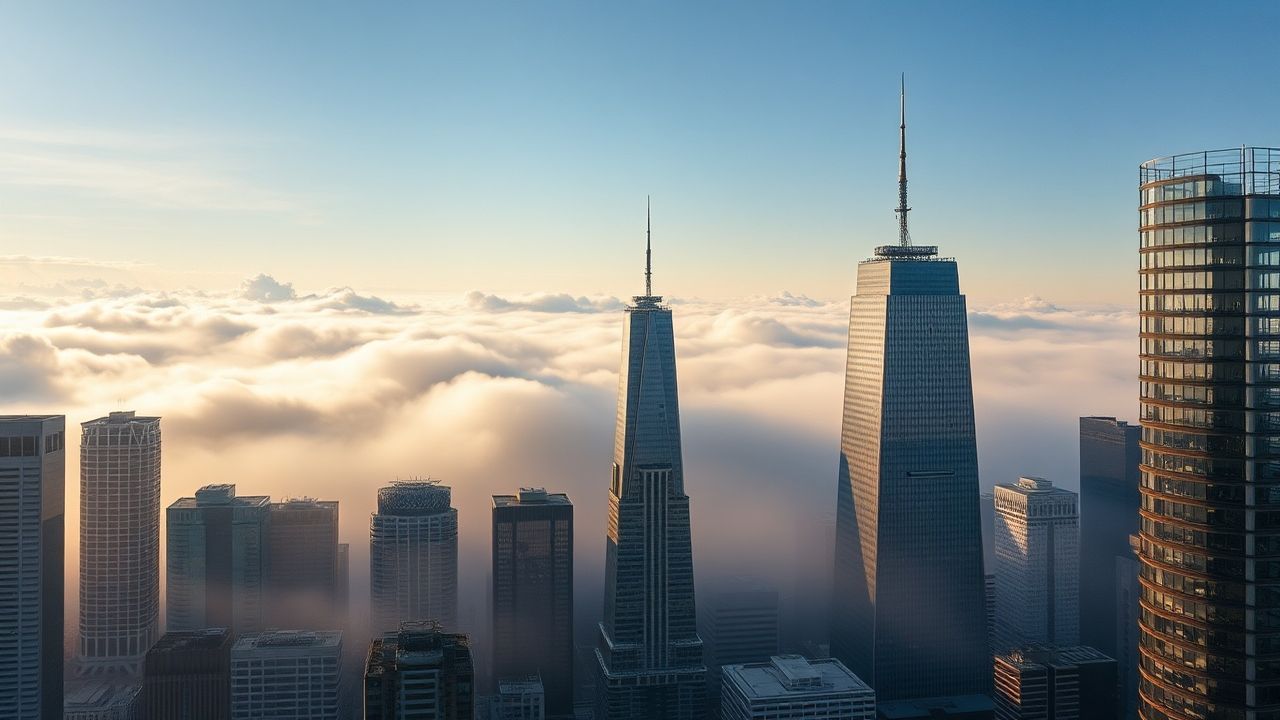 Verdant City Skyscrapers Emerging in the Mist