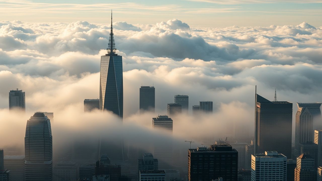 Haunting City Skyscrapers Emerging in the Mist