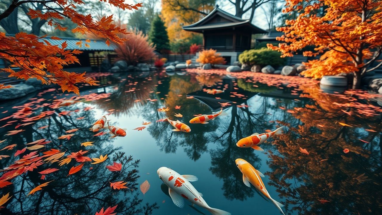 Infinite Japanese Koi Pond in Autumn