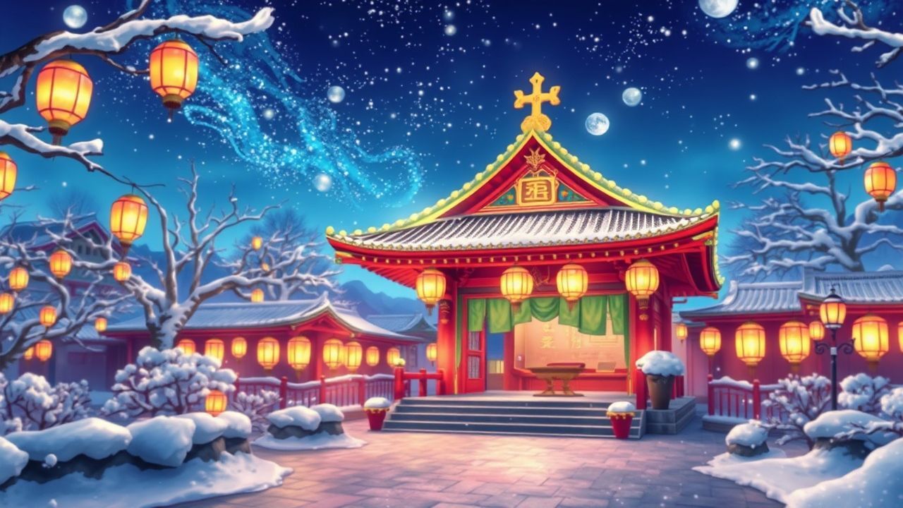 Tranquil Shrine Lanterns Anime in Winter