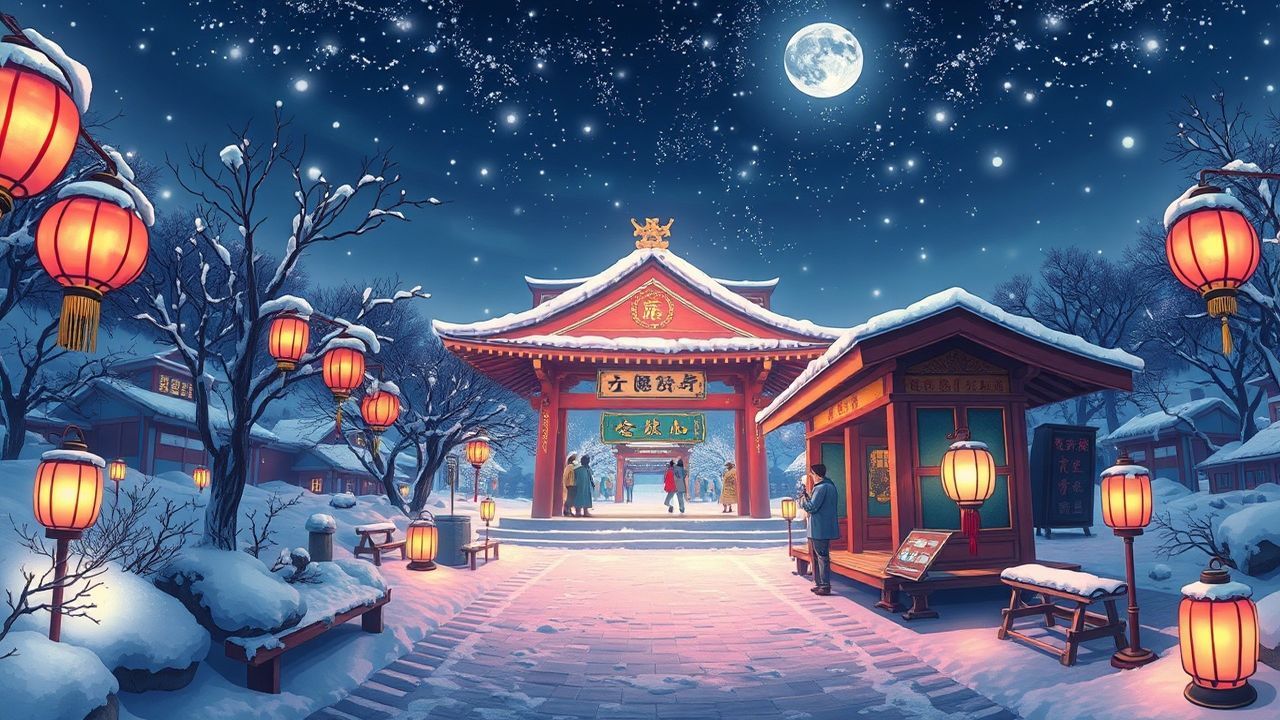 Dreamlike Shrine Lanterns Anime in Winter
