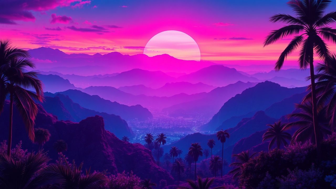 Celestial Synthwave Grid Mountains at Sunset