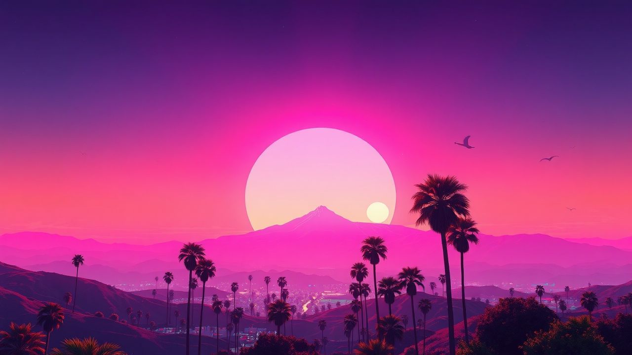 Infinite Synthwave Grid Mountains at Sunset