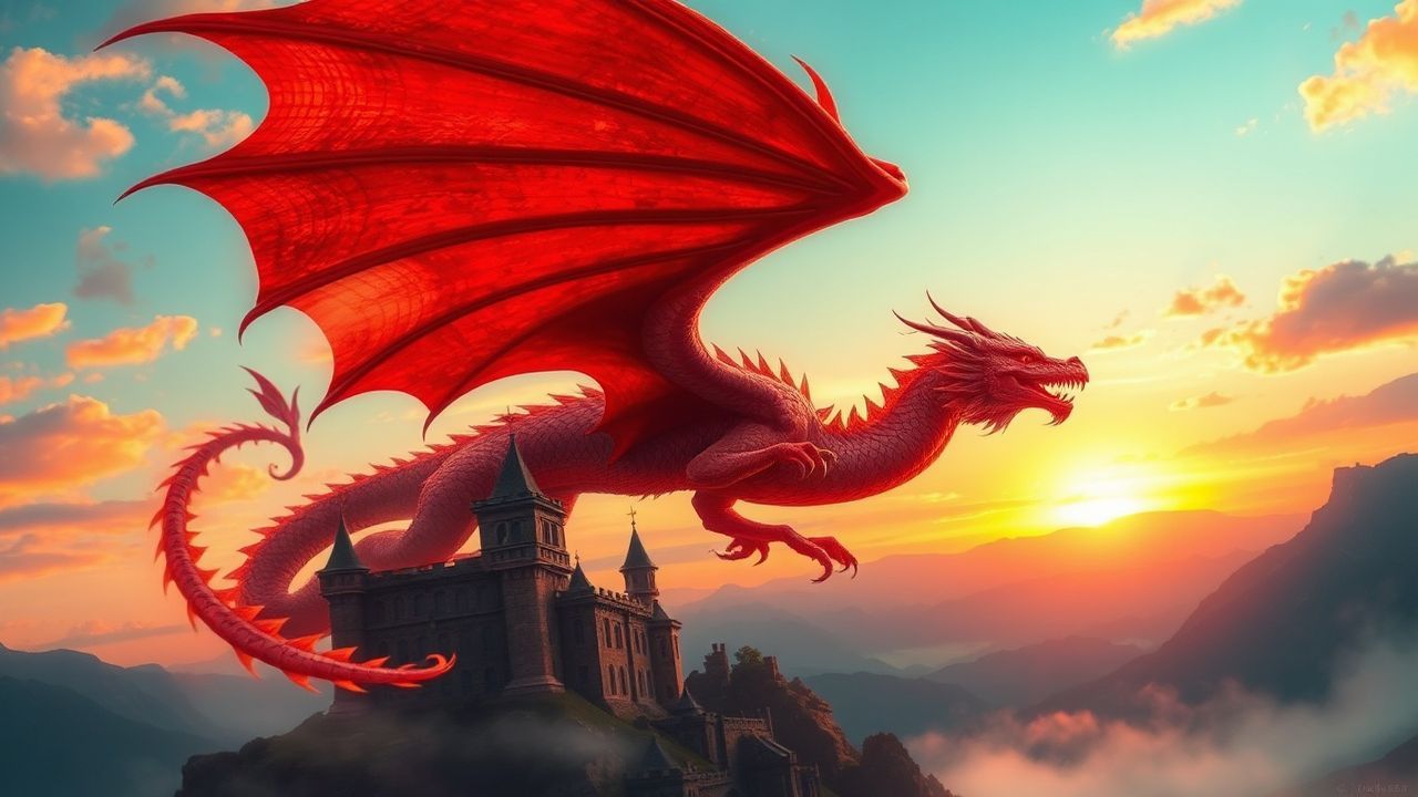 Extraordinary Dragon Flying Medieval at Sunset