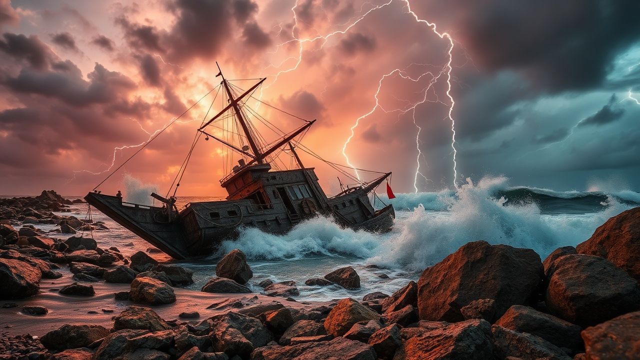 Ornate Shipwreck Stormy Seas Drama