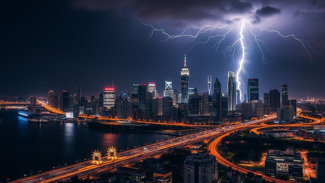 Towering Lightning Bolt City by Night