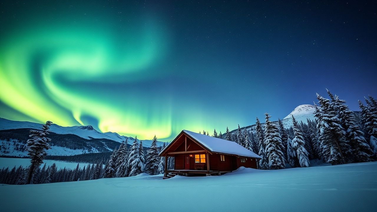 Ornate Northern Lights Cabin in Winter