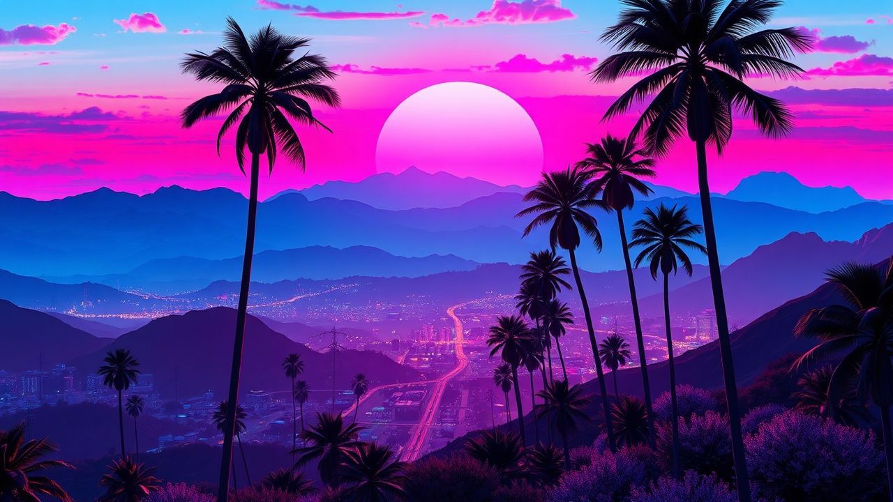 Delicate Synthwave Grid Mountains at Sunset