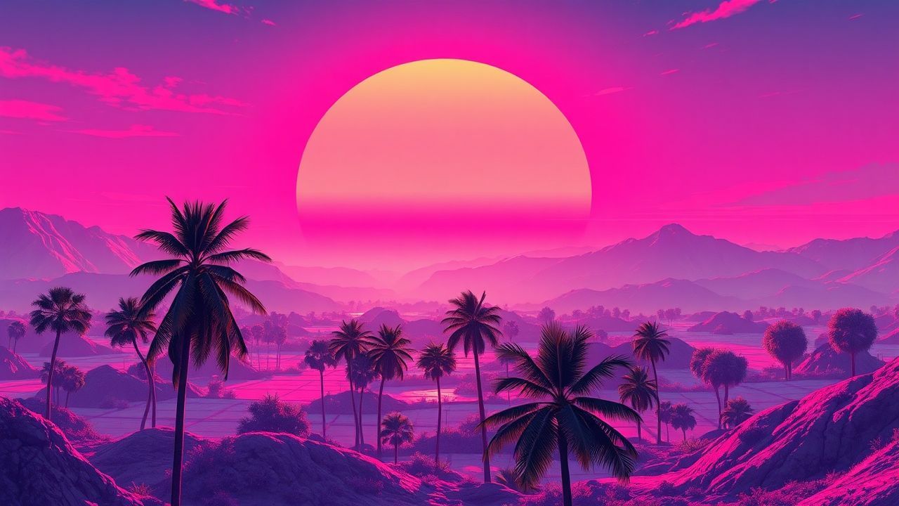Exquisite Synthwave Grid Mountains at Sunset