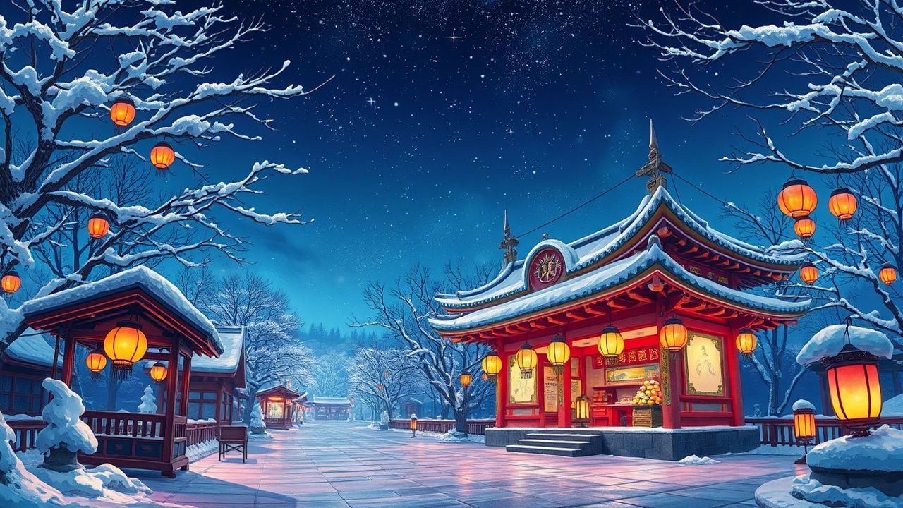 Stunning Shrine Lanterns Anime in Winter