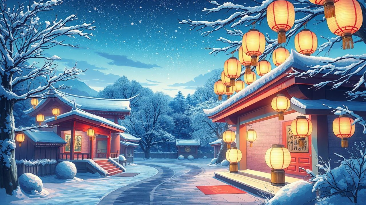 Majestic Shrine Lanterns Anime in Winter