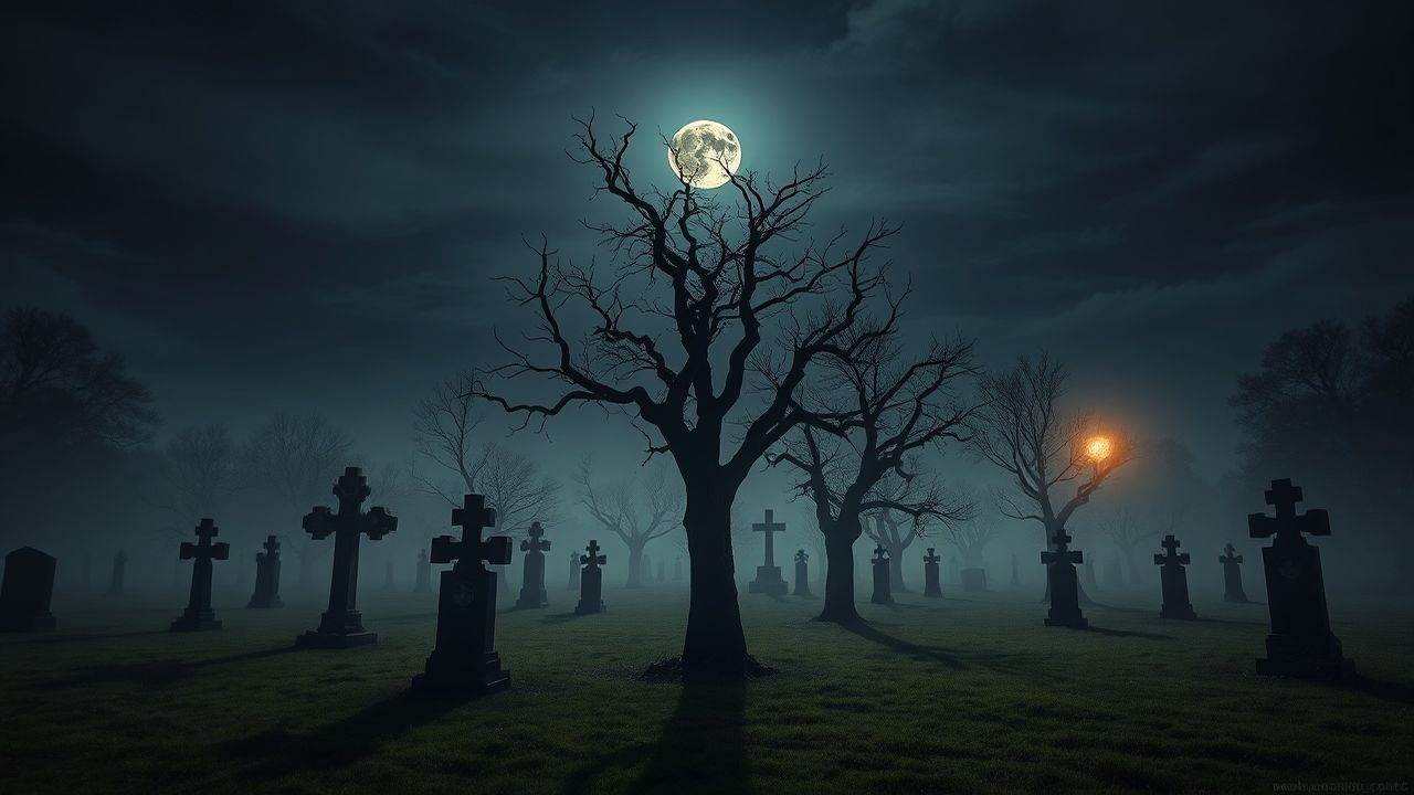 Dreamlike Graveyard Full Moon in the Mist
