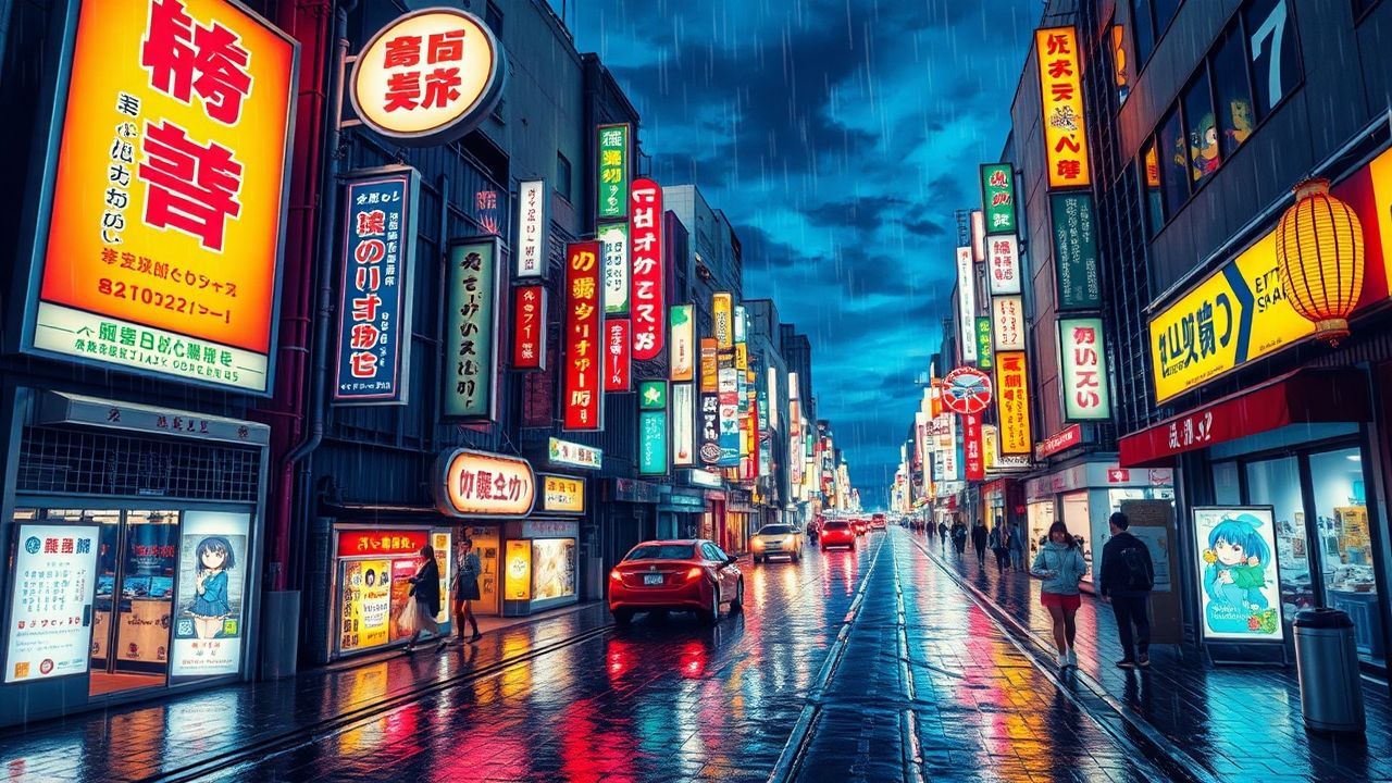 Golden Tokyo Street Signs in the Rain