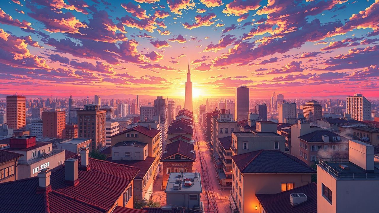 Dreamlike Anime Cityscape Hour in Golden Light