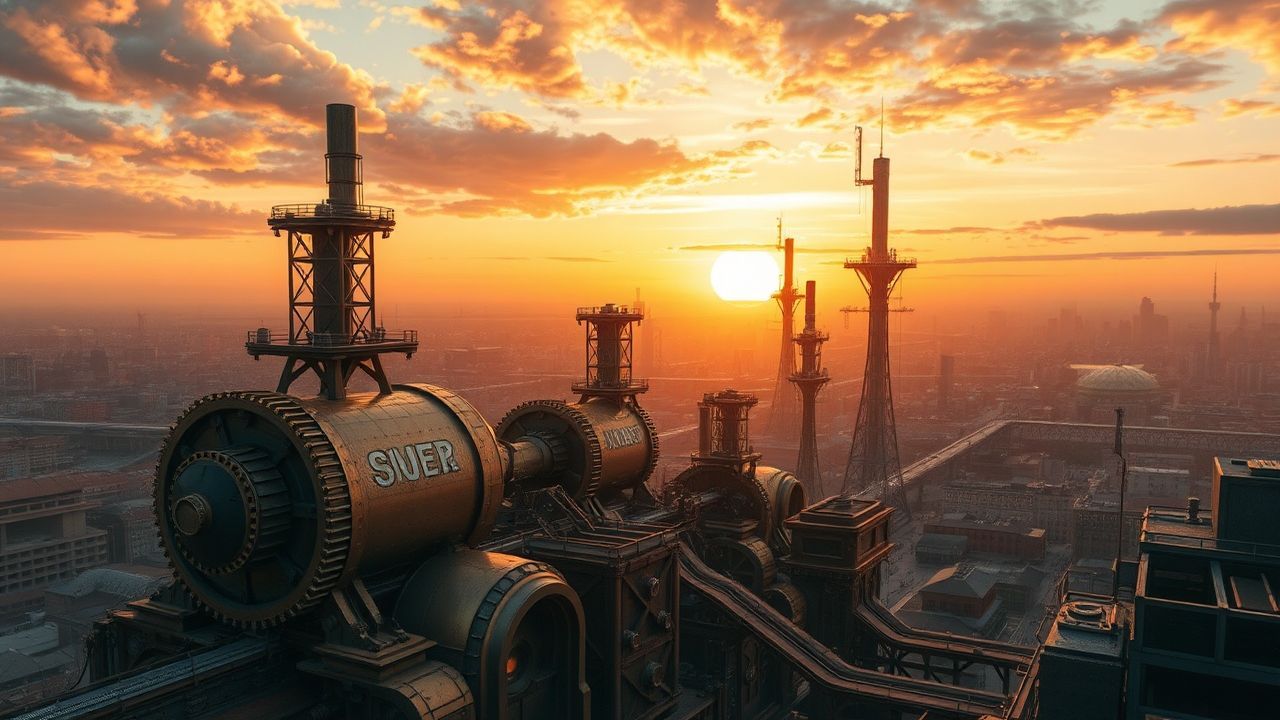 Shimmering Steampunk City Brass at Sunset