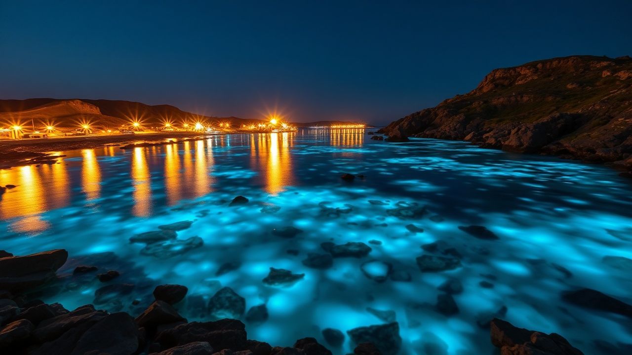 Serene Bioluminescent Bay Blue Glow
