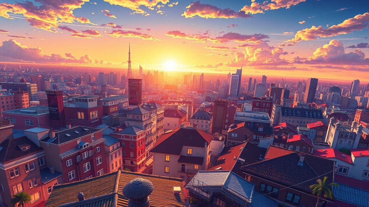 Whimsical Anime Cityscape Hour in Golden Light