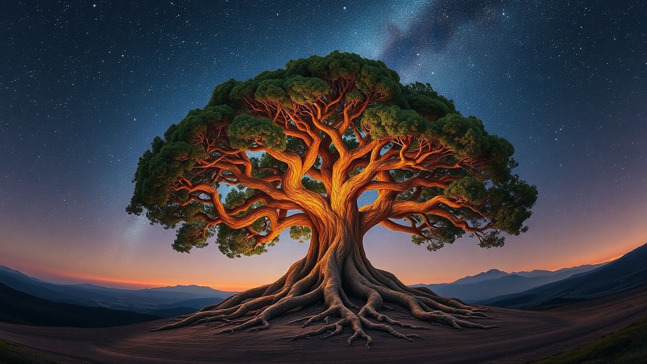 Mystical Yggdrasil World Tree by Night