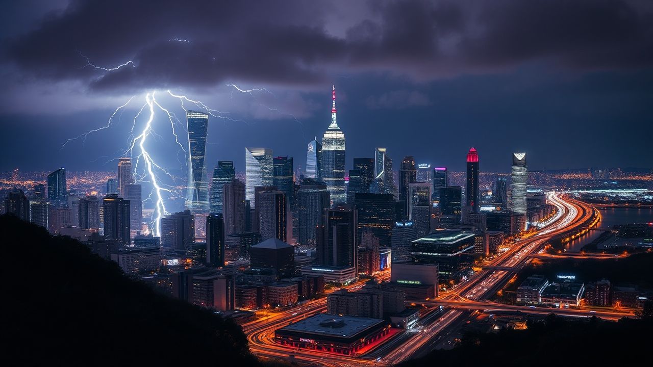 Dreamlike Lightning Bolt City by Night