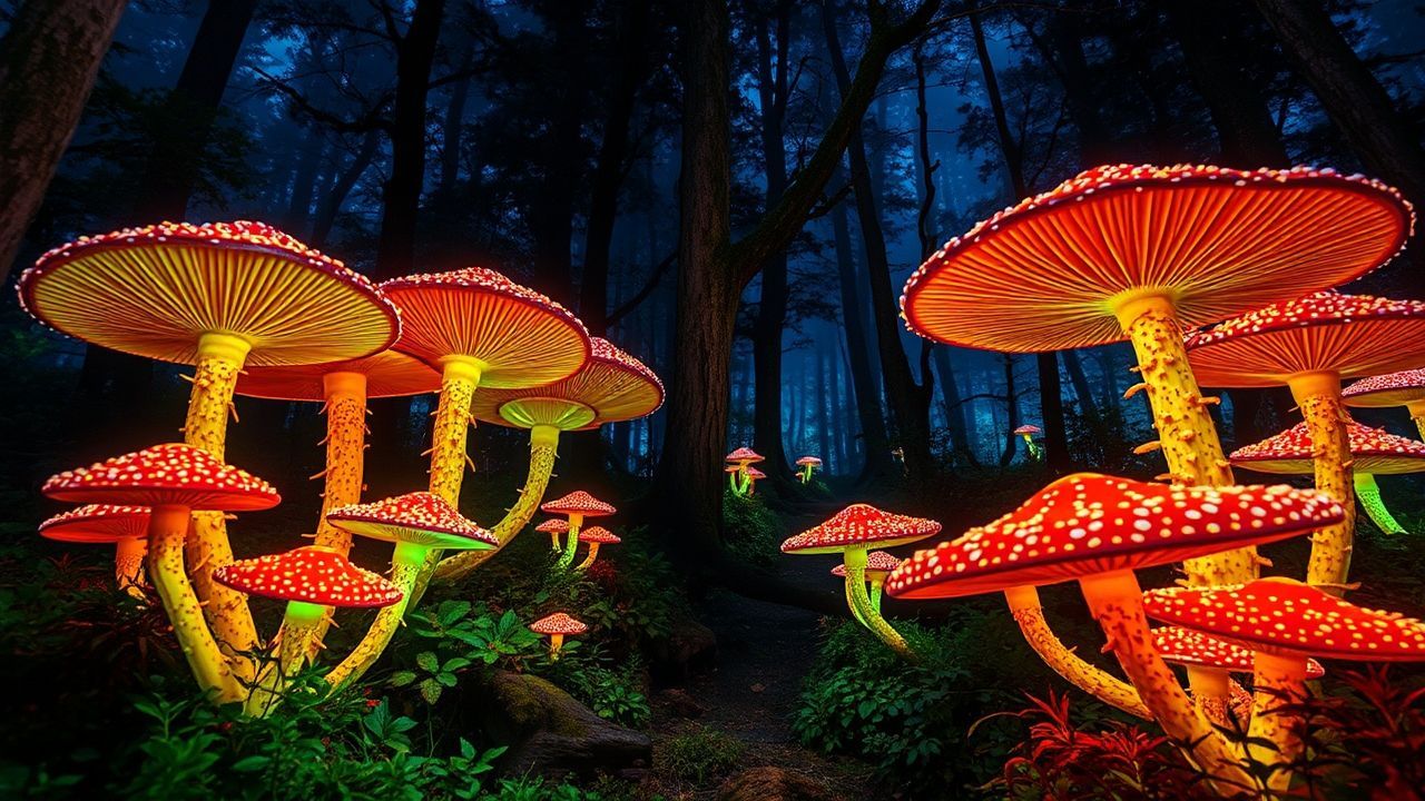 Wondrous Bioluminescent Mushroom Forest Glow